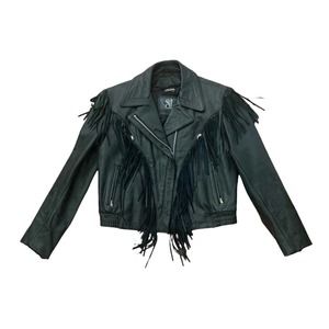 Black leather fringe street legal two piece jacket vest womens size 10 medium